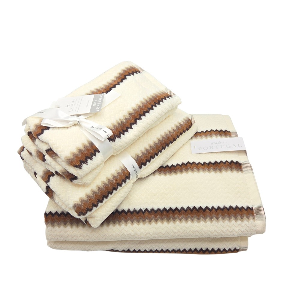 Felpinter 6pc Cotton Bath Hand Towel Set Chevron Stripe Cream Brown Portugal - Picture 2 of 16